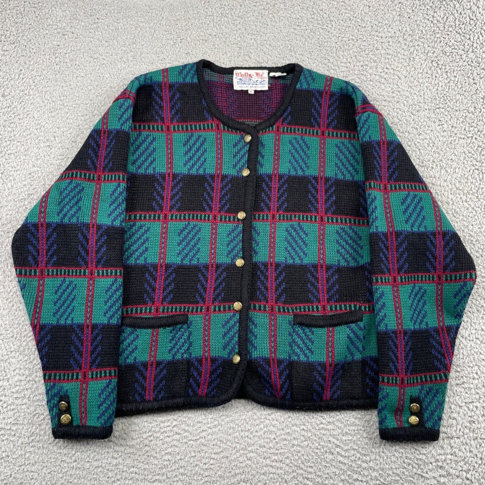 Tally-Ho Cardigan Sweater Womens XL Black Plaid Knit Button Front Vintage Pocket